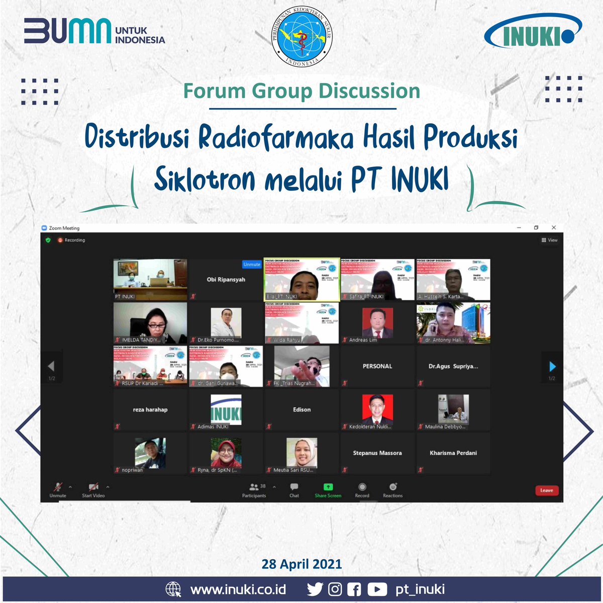 Hai #SobatINUKI. 
Rabu 28 April 2021, PT INUKI (Persero) telah mengadakan FGD secara virtual dalam rangka akselerasi dan percepatan penyebaran siklotron untuk mengetahui kebutuhan dan pemetaan siklotron dan PET-CT di beberapa Rumah Sakit.

#BUMNuntukIndonesia
#Cyclotron 
#PETCT