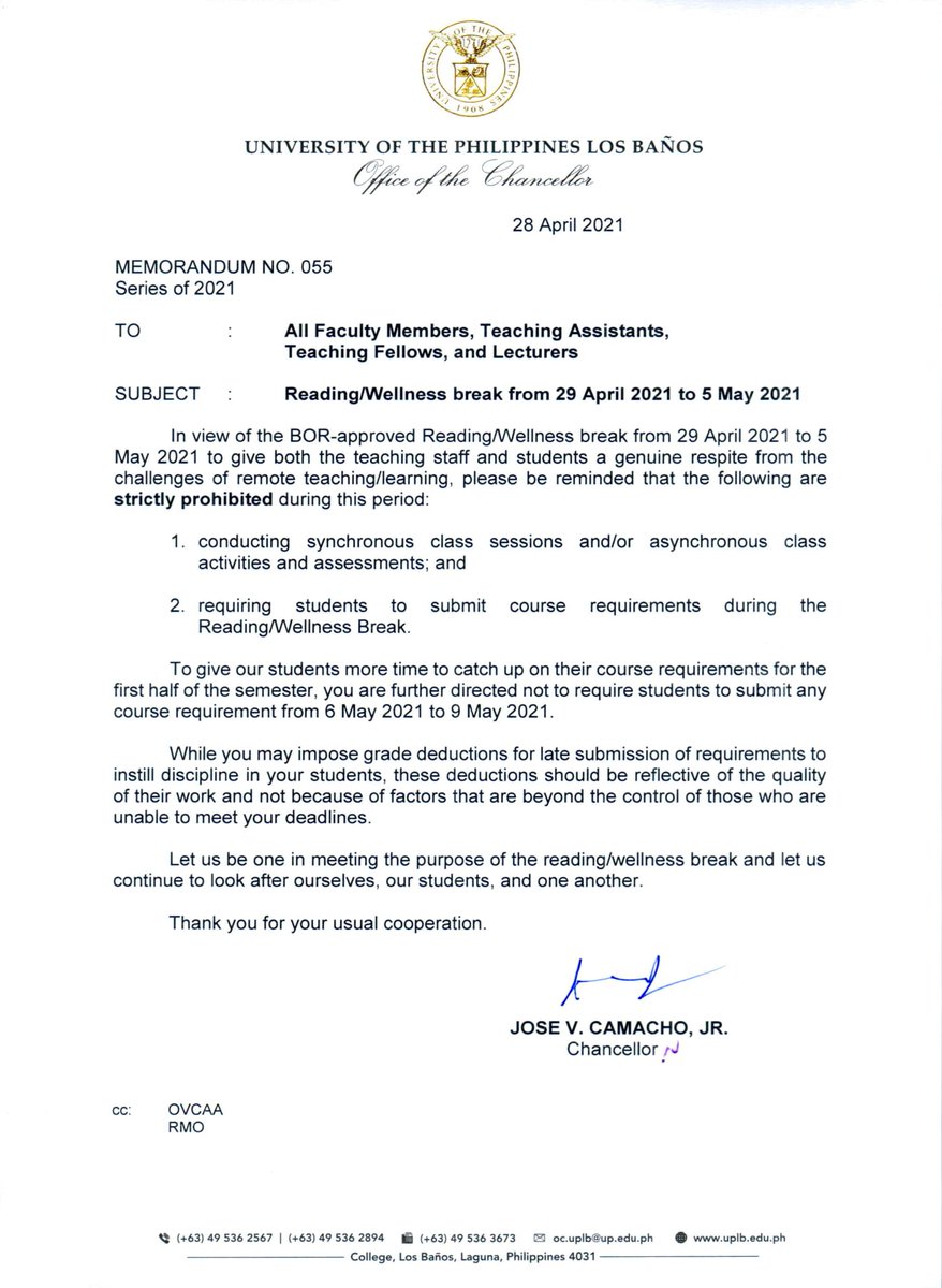 PhilippineStar's tweet image. The teaching staff and students of the University of the Philippines Los Baños will be given a reading/wellness break from April 29, 2021 to May 5, 2021.
