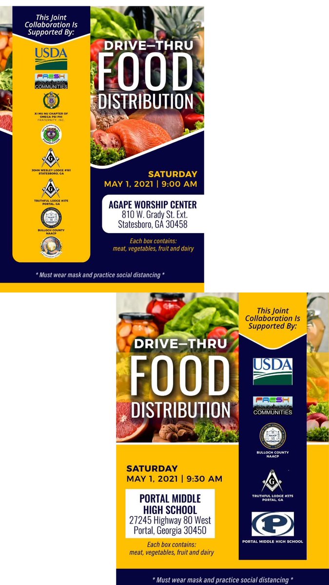 Morning!!! The Bulloch County NAACP, with a group of partners, are sponsoring a food drive this Saturday. They have 1000 boxes of food to give away. 300 boxes will be at the Portal location. It will be a drive-thru event with masks and social distancing required.