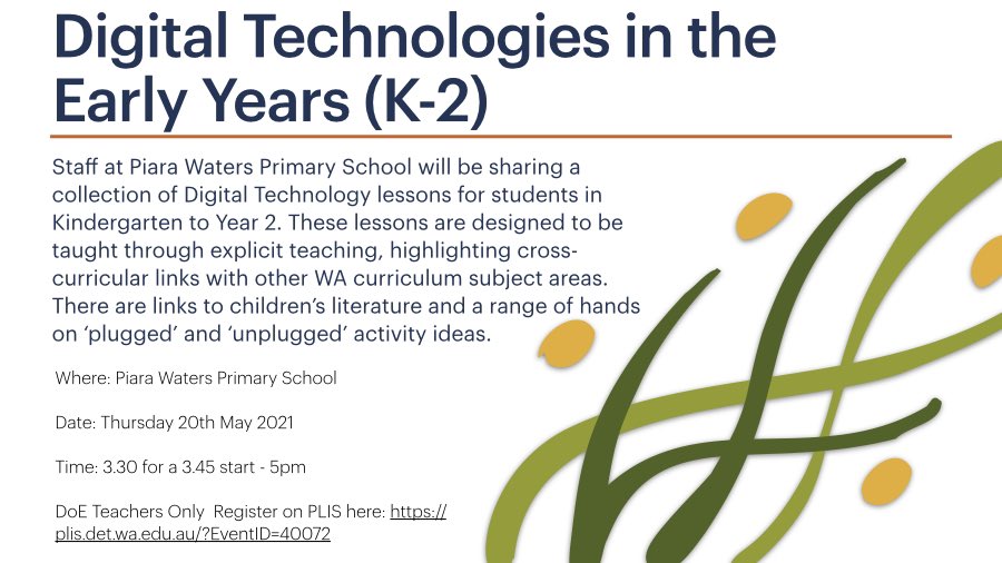 ✨ Department of Education teachers, please join us at our first Face to Face TDS event for 2021- Digital Technologies in the Early Years (K-2). Register on PLIS here: plis.det.wa.edu.au/?EventID=40072 ✨