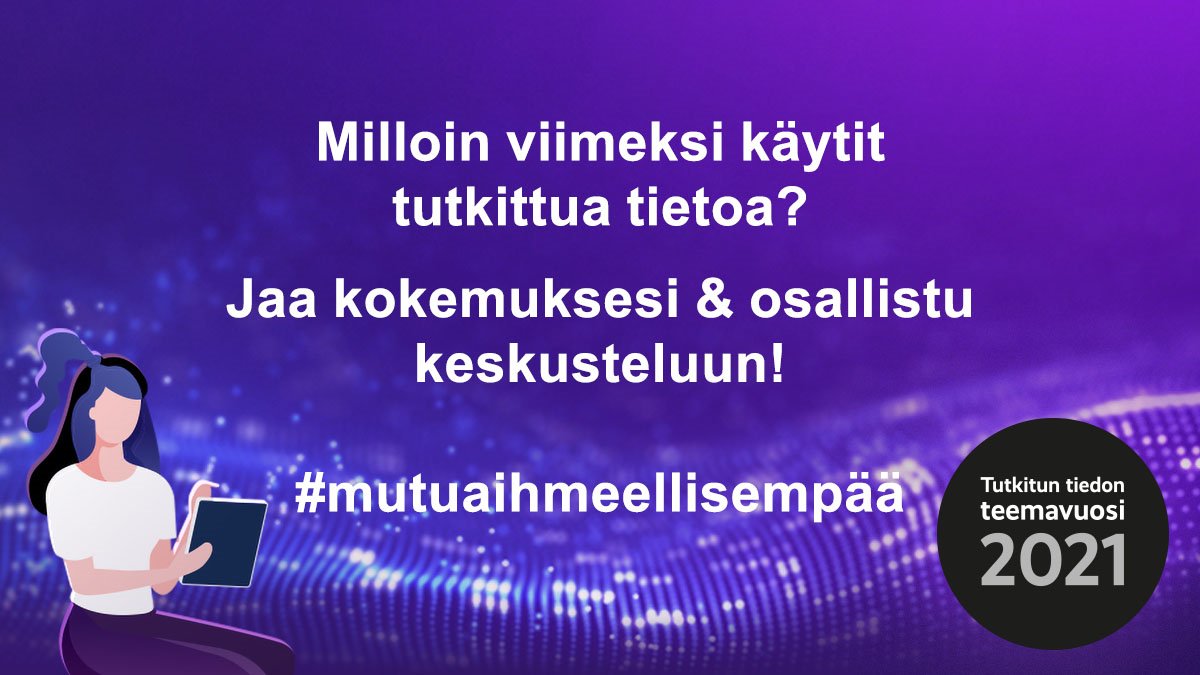 Petri Lempinen (@lempinenpetri) on Twitter photo Tutkimus luo uutta tietoa ja ymmärrystä, mutta osaammeko käyttää sitä arjessa ja työssä? Milloin sinä käytit viimeksi tutkittua tietoa? Mitä sanovat työmarkkinajohtajamme <a href="/jyrihakamies/">Jyri Häkämies</a> <a href="/MarkkuJalonen/">Markku Jalonen</a> <a href="/ElorantaJa/">Jarkko Eloranta 🇫🇮🇪🇺🇺🇦🏳️🌈</a> <a href="/AnttiMPalola/">Antti Palola</a> #tutkittutieto #mutuaihmeellisempää Tutkimus luo uutta tietoa ja ymmärrystä, mutta osaammeko käyttää sitä arjessa ja työssä? Milloin sinä käytit viimeksi tutkittua tietoa? Mitä sanovat työmarkkinajohtajamme <a href="/jyrihakamies/">Jyri Häkämies</a> <a href="/MarkkuJalonen/">Markku Jalonen</a> <a href="/ElorantaJa/">Jarkko Eloranta 🇫🇮🇪🇺🇺🇦🏳️🌈</a> <a href="/AnttiMPalola/">Antti Palola</a> #tutkittutieto #mutuaihmeellisempää