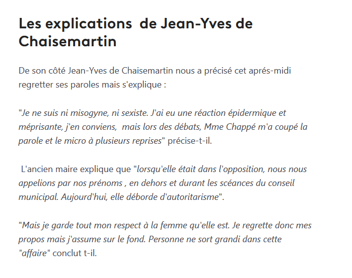 Depuis que la séquence a été reprise par des médias nationaux, Jean-Yves de Chaisemartin esquisse un mea culpa... pour le moins limité. https://france3-regions.francetvinfo.fr/bretagne/cotes-d-armor/paimpol-fanny-chappe-denonce-des-propos-sexistes-a-l-adresse-de-la-maire-en-plein-conseil-municipal-2066800.html