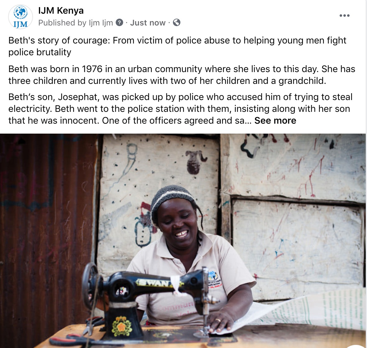 IJMKenya's tweet image. Beth was falsely charged with robbery with violence after she stood up against a police officer harassing young men. Her bail was set at Sh1 million which she could not raise. The charges were later dropped after IJM represented her in court.