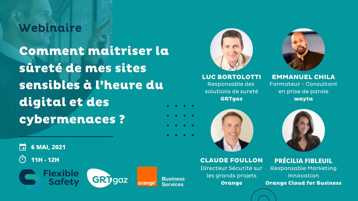 📅 RDV le 06/05 à 11h pour participer au #Webinaire <a href="/orangebusiness/">Orange Business</a> et #GRTgaz sur la #cybersûreté !

👀Venez découvrir #FlexibleSafety: une solution souveraine visant à protéger les systèmes d’information de #sûreté des #sitessensibles.

Inscription➡️ ow.ly/eN7450EzwTH