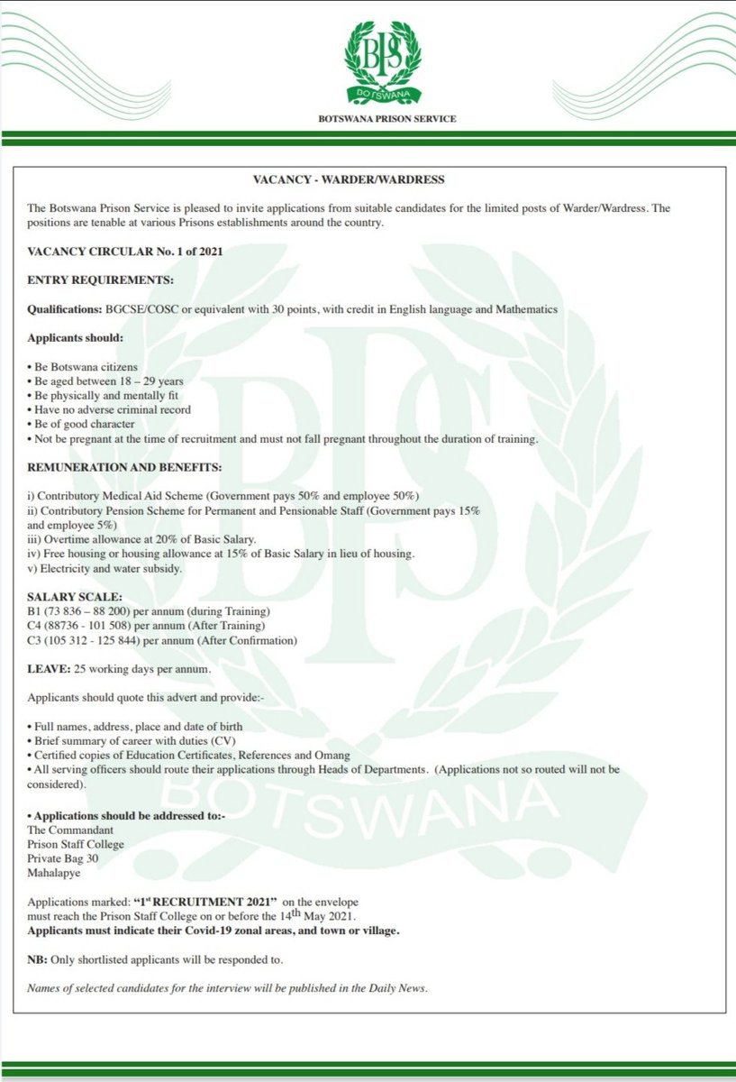 VACANCY - WARDER/WARDRESS