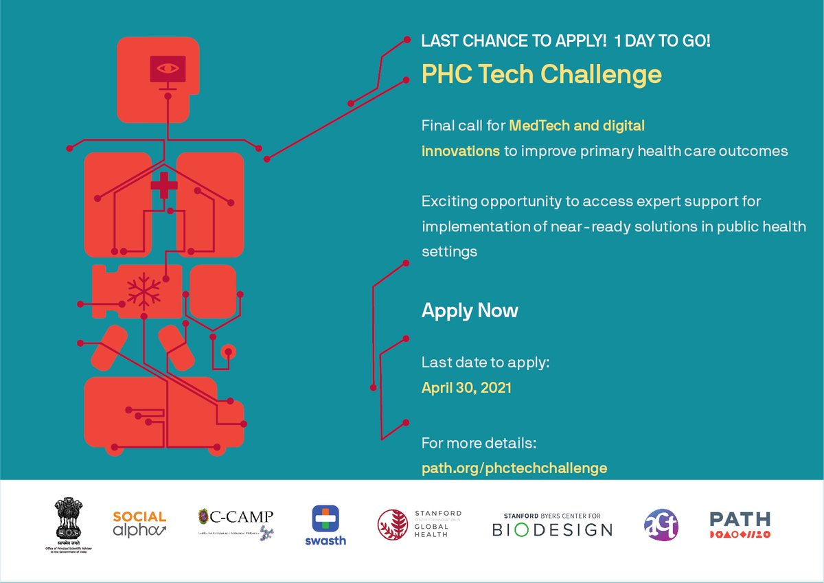 PATHtweets's tweet photo. LAST CHANCE TO APPLY — The #PHCTech Challenge closes tomorrow.
Final call for #medtech and #digitalhealth innovations for challenges in #PrimaryHealthCare.
Apply now for this exciting opportunity to make a social impact: https://t.co/umZifOn8hW https://t.co/XX0CbMrxIH