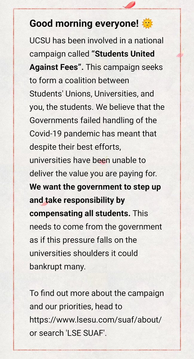 Today is SUAF day of action! We will be sharing experiences from UOC students  saying why compensation is necessary. Keep an eye on our social medias! 👀

<a href="/UCSUAcademic/">Lucy Haddath</a> <a href="/UCSUActivities/">Charlotte Wheele</a>

<a href="/BorisJohnson/">Boris Johnson</a> <a href="/michelledonelan/">Rt Hon Michelle Donelan</a> #SUAF