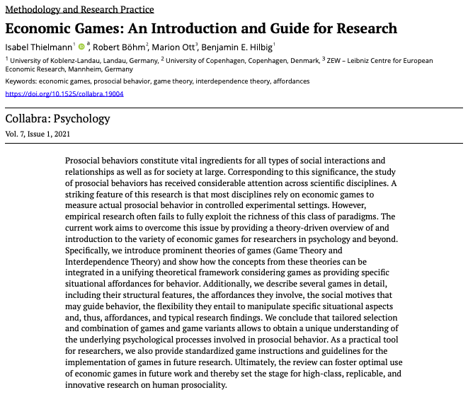 🚨 NEW PAPER 🚨 <a href="/CollabraOA/">Collabra: Psychology</a>: "Economic games: An introduction and guide for research" together with Isa Thielmann, Marion Ott, and Ben Hilbig. I am really excited about this paper. online.ucpress.edu/collabra/artic… (1/4)
