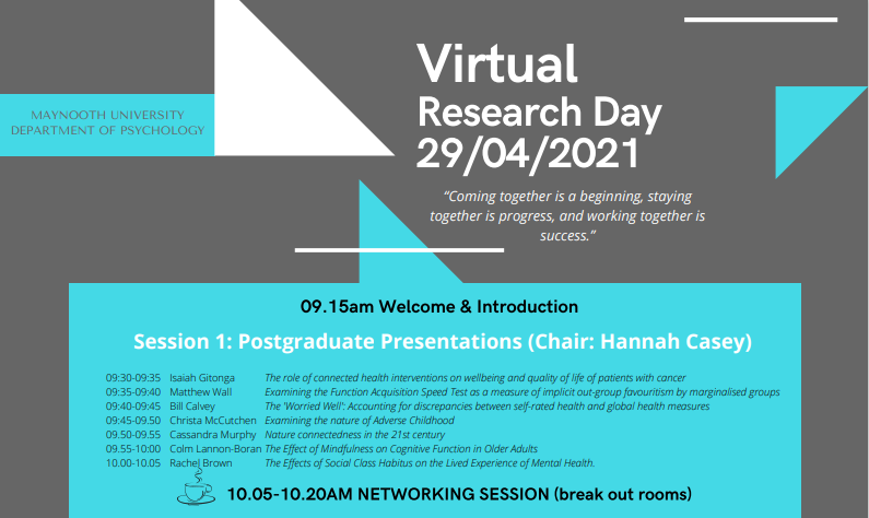 MUpsychdept's tweet photo. About to start the first session of our Departmental Research Day - great line up of our #postgradaute and #postdoctoral research presentations ahead. @mu_postgrad @MaynoothUni #Research #Psychology #Impact #LoveIrishResearch #BelieveInScience https://t.co/G2eXWOWf3K