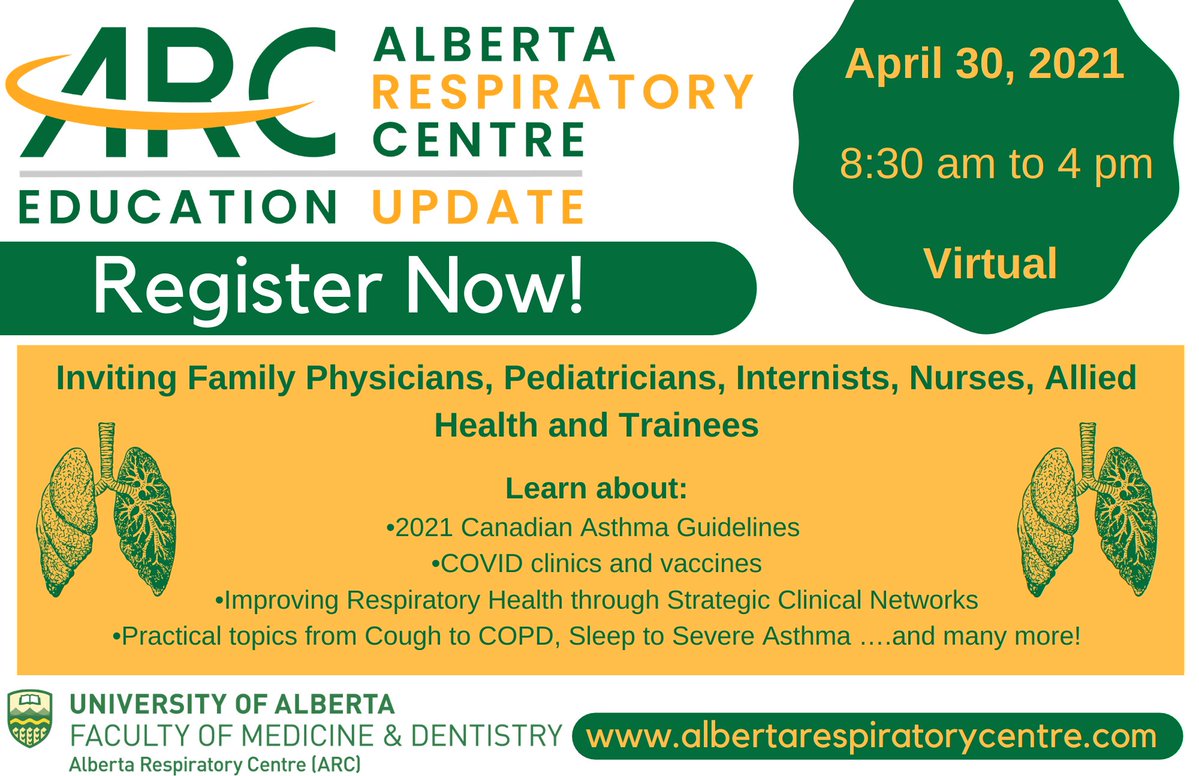 University of Alberta Pediatric Respirology (@pedsresp) on Twitter photo Countdown to the 1st ARC Education Update in 24 hours!
Still time to register@ albertarespiratorycentre.com
We're ready to create connections in respiratory health!
<a href="/UofAL3/">Lifelong Learning</a> <a href="/UAlberta_DoM/">UAlberta Medicine</a> <a href="/UAlberta_FoMD/">UAlberta Med & Dent</a> <a href="/UAlbertaNursing/">UAlberta Nursing</a> @ahs_scn <a href="/UAFamilyMed/">UA Family Medicine</a> <a href="/WCHRIUofA/">Women & Children's Health Research Institute</a> <a href="/CTS_SCT/">Canadian Thoracic Society</a> <a href="/AlbertaRhPAP/">Rural Health Professions Action Plan (RhPAP)</a> Countdown to the 1st ARC Education Update in 24 hours!
Still time to register@ albertarespiratorycentre.com
We're ready to create connections in respiratory health!
<a href="/UofAL3/">Lifelong Learning</a> <a href="/UAlberta_DoM/">UAlberta Medicine</a> <a href="/UAlberta_FoMD/">UAlberta Med & Dent</a> <a href="/UAlbertaNursing/">UAlberta Nursing</a> @ahs_scn <a href="/UAFamilyMed/">UA Family Medicine</a> <a href="/WCHRIUofA/">Women & Children's Health Research Institute</a> <a href="/CTS_SCT/">Canadian Thoracic Society</a> <a href="/AlbertaRhPAP/">Rural Health Professions Action Plan (RhPAP)</a>