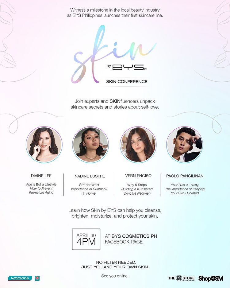 leigh3112's tweet photo. We say #LoveYourselfHarder in our own unique way. #SKINByBYS is unleashing new 
products and skincare secrets at the virtual Skin Conference.🧖✨

Join #NadineLustre,#VernEnciso,#DivineLee, and #PaoloPangilinan as they chat with some amazing skin experts this April 30, 4 pm.
©bys https://t.co/16BXQEeIuX