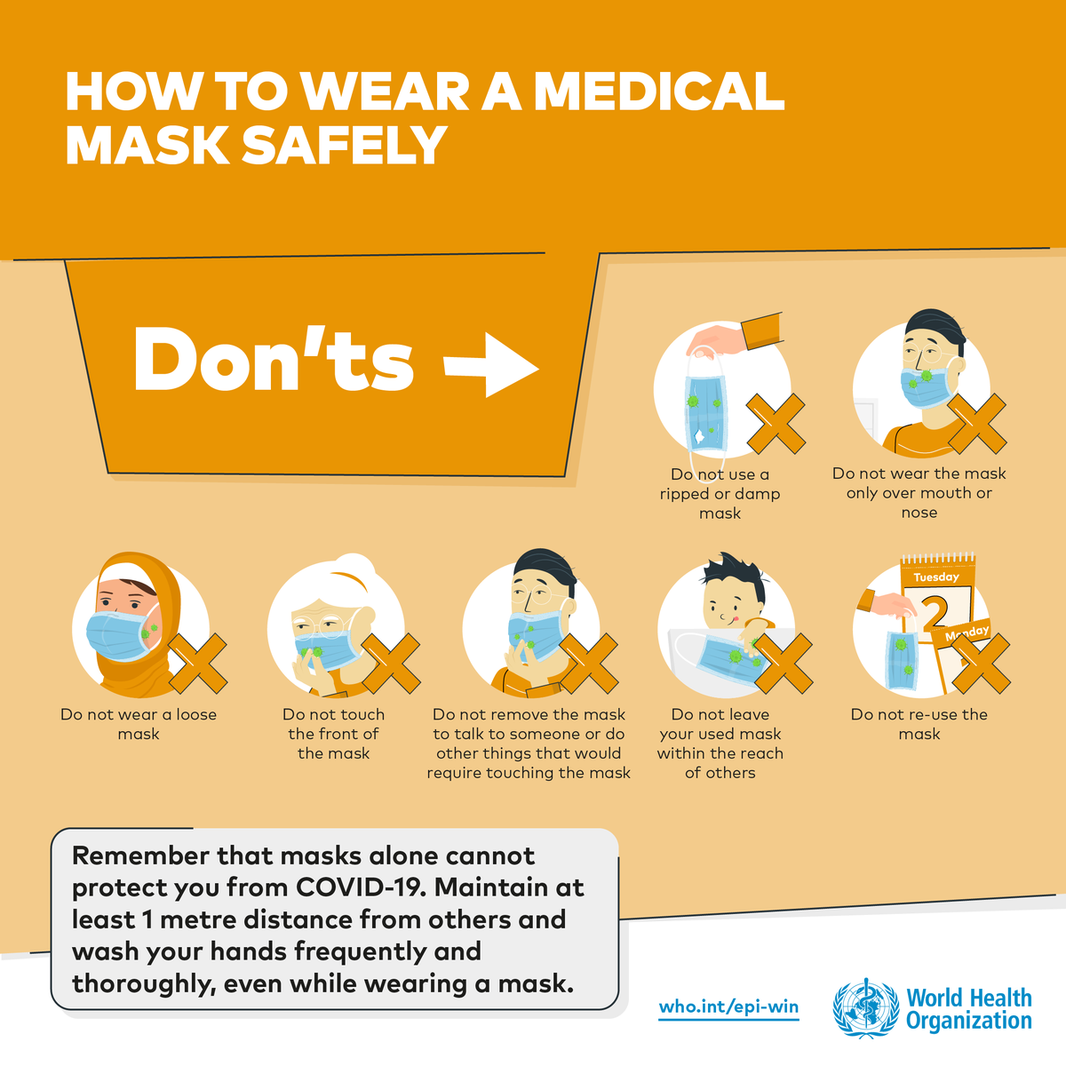 WHOSEARO's tweet photo. You know it is important to wear a #mask 😷. But it is also important to wear it properly. Your mask should be a good fit and should cover your nose 👃🏽 and mouth 👄 well.

Also make sure that you don’t make these 👇🏽 common mistakes.

#COVID19 #StaySafe https://t.co/i6izeO0Srs