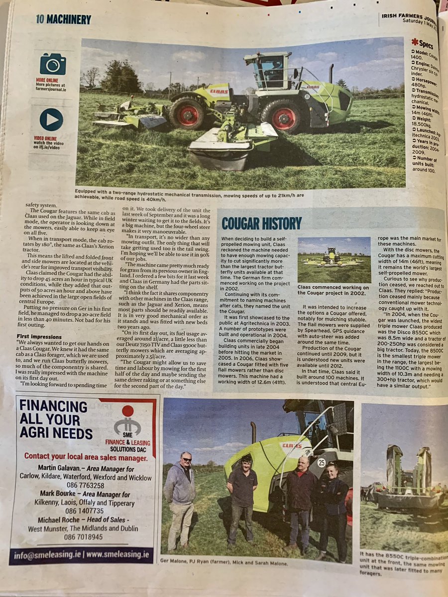 Delighted to see an article about Ger & Michael Malone’s self-propelled mower in the @farmersjournal this week which we financed a few months back. 

Best of luck with your machine. 

#irishfarmersjournal #ifj #claascougar #agrimachinery #agrifinance #agriculture