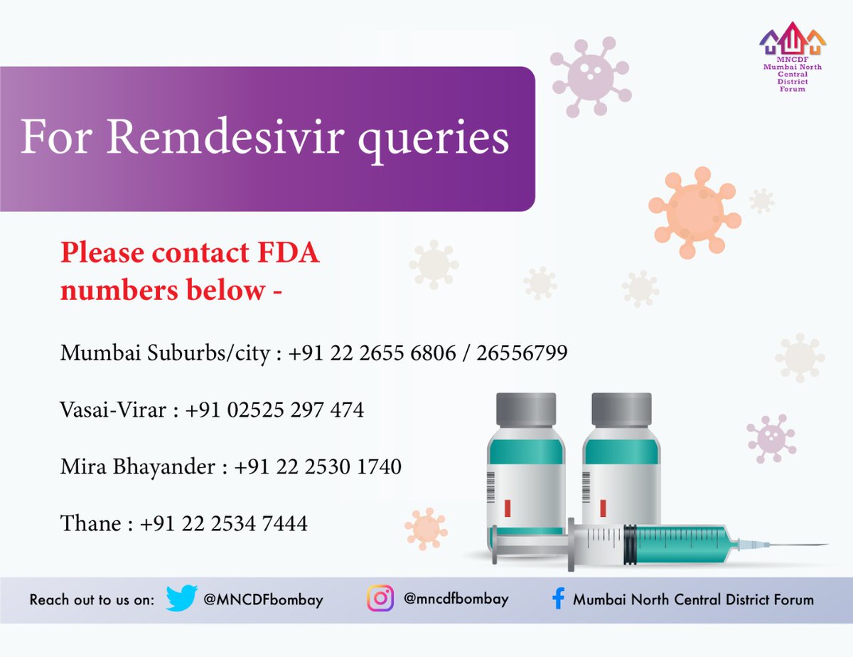 MNCDFbombay's tweet photo. @RaoKautilya @AUThackeray in light of Maharashtra Govt fresh regulation taking over the purchase &amp; distribution of Remdesivir,
here are verified contact numbers of the FDA for different districts across Mumbai Metropolitan Region:- 

#MNCDFmedicalHelp https://t.co/9iXq9dq4VX