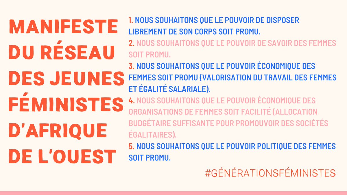 En 2021, le <a href="/FeministesAO/">Réseau des Jeunes Féministes d'Afrique de l'Ouest</a> se mobilise dans le cadre du Forum <a href="/GenEgaliteFR/">Forum Génération Égalité</a> pour que les voix féministes soient entendues dans leur pluralité. Elles &amp; ils veulent contribuer à faire de ce forum un RDV #politique qui aboutisse à des actions transformatrices. #GénérationsFéministes