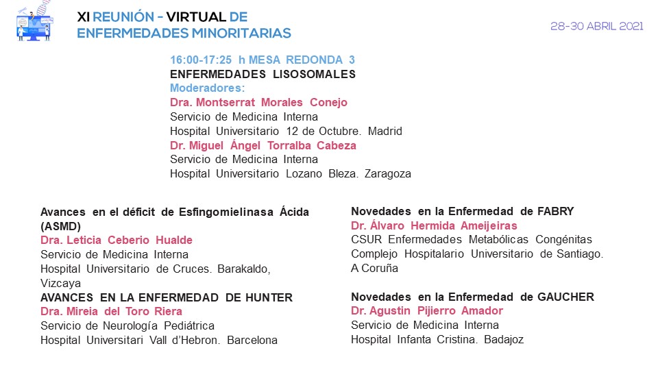 Comenzamos el tercer día de #EnfermedadesMinoritarias en la MR3: "Enfermedades Lisosomiales"
Moderan: Dra Montserrrat Morales y Dr Miguel Ángel Torralba
Intervienen:
👩‍⚕️Dra <a href="/LeCeberio/">Leticia Ceberio</a>
👩‍⚕️ Dra Mireia del Toro
🧑‍⚕️Dr Álvaro Hermida
🧑‍⚕️Dr Agustín Pijierro

<a href="/GTEMinoritarias/">GTEMinoritariasSEMI</a> #SEMITuit