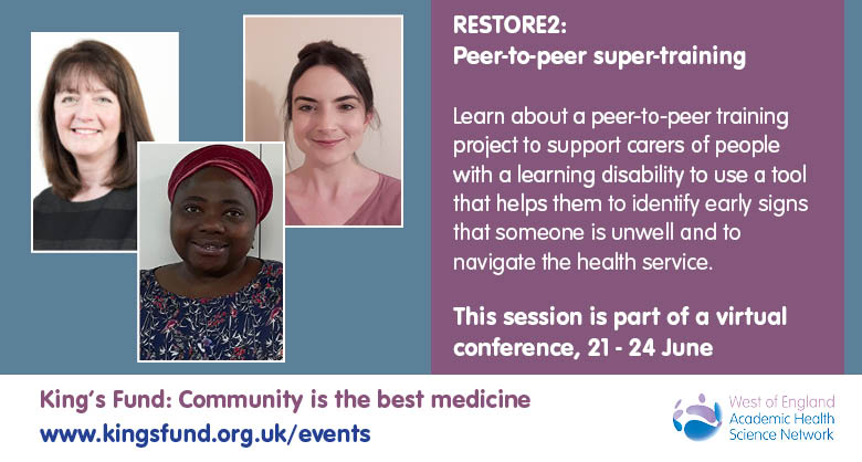 Find out more about #RESTORE2 : Peer-to-peer super-training, at the upcoming <a href="/TheKingsFund/">The King's Fund</a> Community is the best medicine virtual conference

<a href="/AlisonTavare/">Alison Tavare 💙</a>, <a href="/HannahLittleRN/">Hannah Little (She/Her)</a> and Sandra Akintola will be joining to discuss the tool and answer questions

More: ow.ly/Fe7e50EzOQn