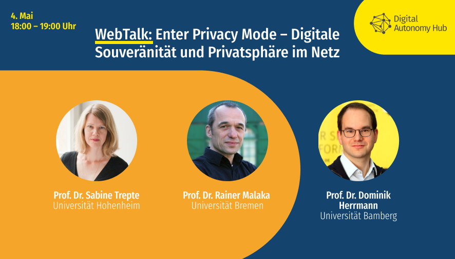 DigiAutonomyHub's tweet photo. Warum sind viele Nutzer·innen trotz Datenschutzbedenken bereit, ihre individuelle #digitaleSouveränität aufzugeben – und wofür? Am Montag/18h diskutieren wir mit @SabineTrepte, @herdom &amp; Rainer Malaka das gespaltenes Verhältnis zur eigenen Privatsphäre. https://t.co/2IbAm55Esg https://t.co/QfbqfKfOkN