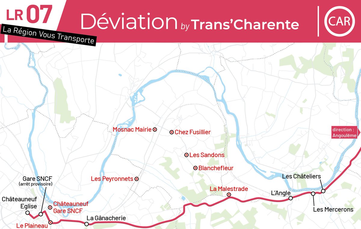 TransCharente's tweet photo. || Travaux à Mosnac ||
#lr07 du mercredi 28/04 au 11/05 :

- Les arrêts "La Malestrade", "Blanchefleur", "Les Sandons", "Chez Fusillier", "Mosnac Mairie" et "Les Peyronnets" ne seront pas desservis.

- Reportez vous à "L'Angle", "La Ganacherie" ou empruntez la #lr08 à St-Simeux. https://t.co/anzMFjOcxO