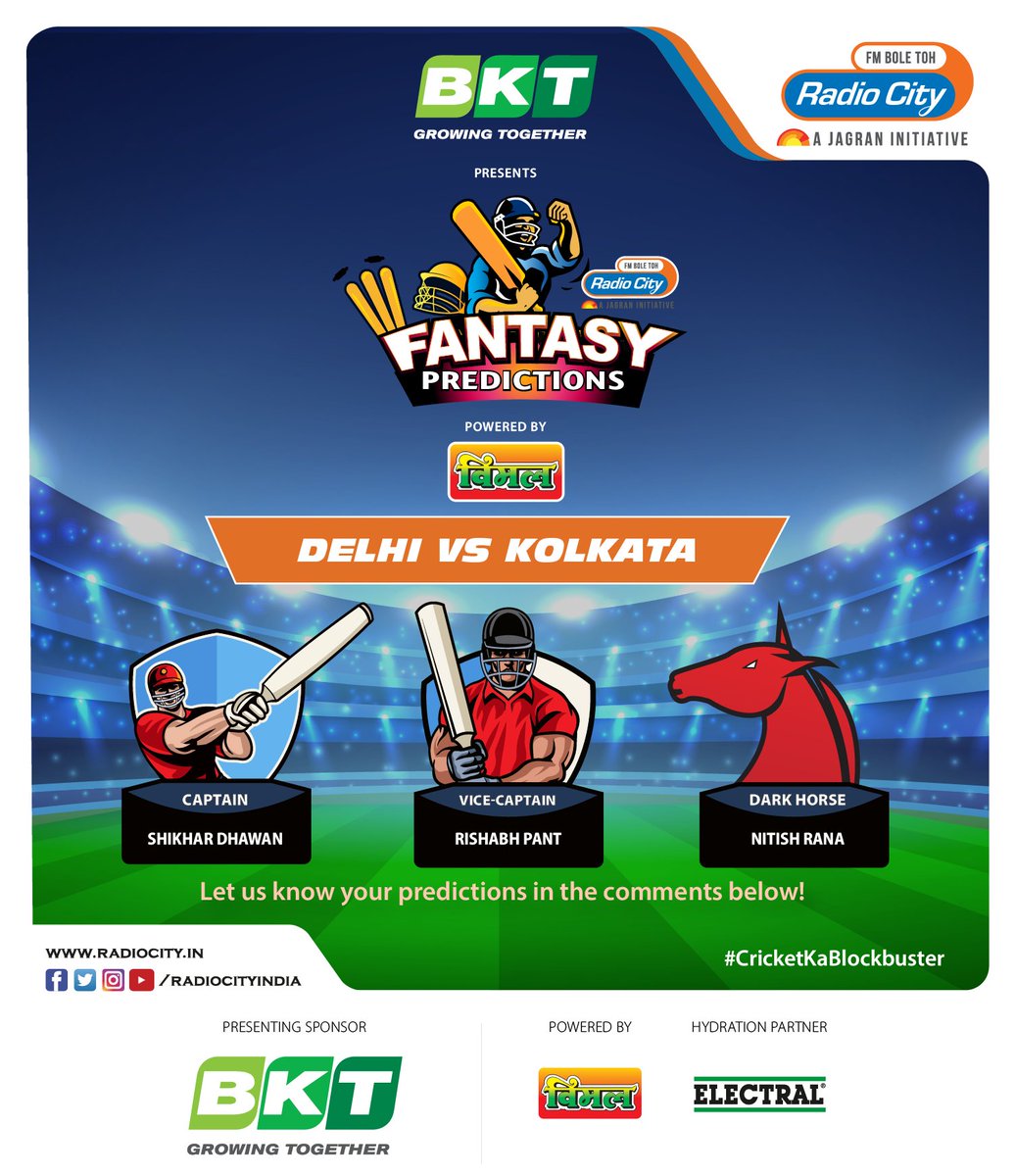 radiocityindia's tweet photo. #FantasyPredictions for the 25th match between Delhi &amp; Kolkata by @RjHarshil
What's your prediction? 
.
Presented by @BKTtires
.
#CricketKaBlockbuster #FantasyCricket #RadioCity https://t.co/4qMgbY0vj2
