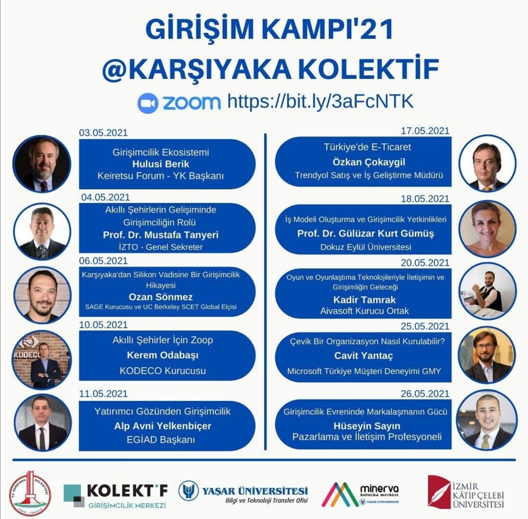 #Girişimcilik Kampı'21 @Karşıyaka Kolektif başlıyor!📣
Kamp, girişimcilik ekosisteminin aktörleri ile tanışıp, girişimcilik konusunda bilgilenmek isteyenleri biraraya getiriyor!😊 
👇
Başvuru linki:
lnkd.in/dE-A-tr
<a href="/YasarUniv/">Yaşar Üniversitesi</a>
<a href="/minervakulucka/">Minerva Kuluçka</a>
<a href="/karsiyaka_bel/">Karşıyaka Belediyesi</a>
<a href="/izmkatipcelebi/">İzmir Kâtip Çelebi Üniversitesi</a>