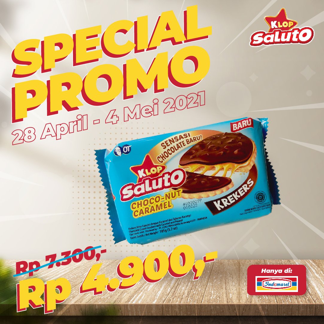 Puasa-puasa gini semangat harus tetep on point ya Klopers!

Hanya dengan Rp 4,900 kamu udah bisa dapetin KLOP Saluto Choco Nut Caramel ukuran 105g. Yuk kunjungi Indomaret terdekat dan dapatkan promonya!

#KlopSaluto #EnaknyaGaBisaStop #Saluto #infopromo #promo #promoindomaret