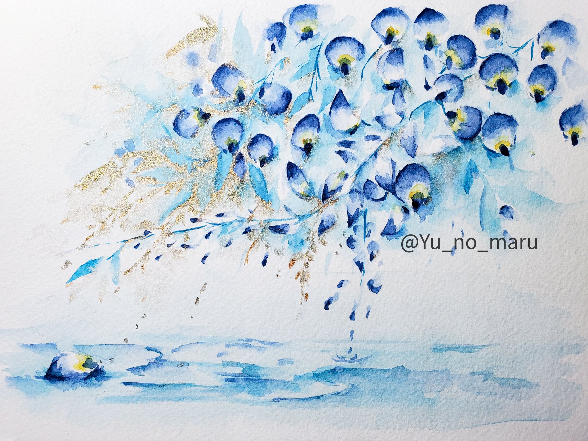 湯の丸 あんこ 浮いたり沈んだり على تويتر 狭野方金屏風 イラスト オリジナル イラスト王国 創作の狼煙 イラスト塾 透明水彩 エキストラホワイト 旧荒 花と葉は青系統のみで作成 背景にはファインテック使うと決めていた