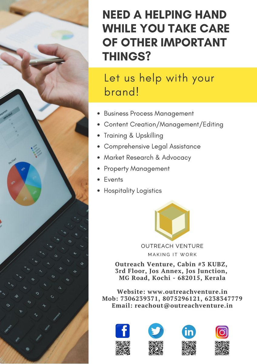 We are Outreach Venture and we are open for Business. 

Tell us what you need, and we will take care of it. 

Check out our brochure and speak to us for more details. 
#weareopen #startup #kerala #india #businessconsultants #outsourceexperts #consulting #business #marketing