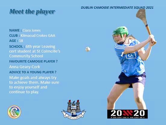 MEET THE PLAYER: Ciara Jones @KCrokesGAAClub Ciara started at the age of 13 with #dublincamogie Dev Squad, then moved on to U.16 and Minor. This Ciara’s 1st year with the Inter team. When Ciara has spare time left over during the week she play’s Gaelic Football and Badminton