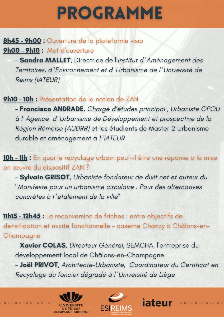 urbareims's tweet photo. 🙃On s’en f(r)iche ? La reconversion des friches à l’heure du ZAN ! 
Une Journée d'études consacrée aux friches et organisée par les étudiants du M2 de l'Iateur, le mardi 25 mai, de 9h à 17h, en format webinaire sur la plateforme Zoom !
Info supp : https://t.co/mvJNFb9YYm https://t.co/mQP0HRS6S6