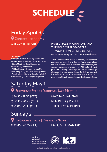 CNM_frenchmusic's tweet photo. 🇩🇪 - Highlights of #Jazzahead schedule include: 
📣 A panel organized by @AJC_Jazz 
🗣️ An open discussion organized by @GrandsFormatsGF 
Both will give you a glimpse of how French jazz networks works to promote jazz acts.
🎤 4 'made-in-France' showcases! https://t.co/W6NPjVEoOj