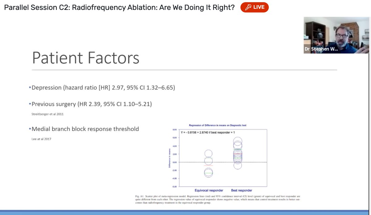 draleiva's tweet image. Radiofrequency Ablation Dr S Ward showing hisliterature research on needle position, RF parameters, patient predictors, emerging techniques for lumbar RF #BPSASM2021