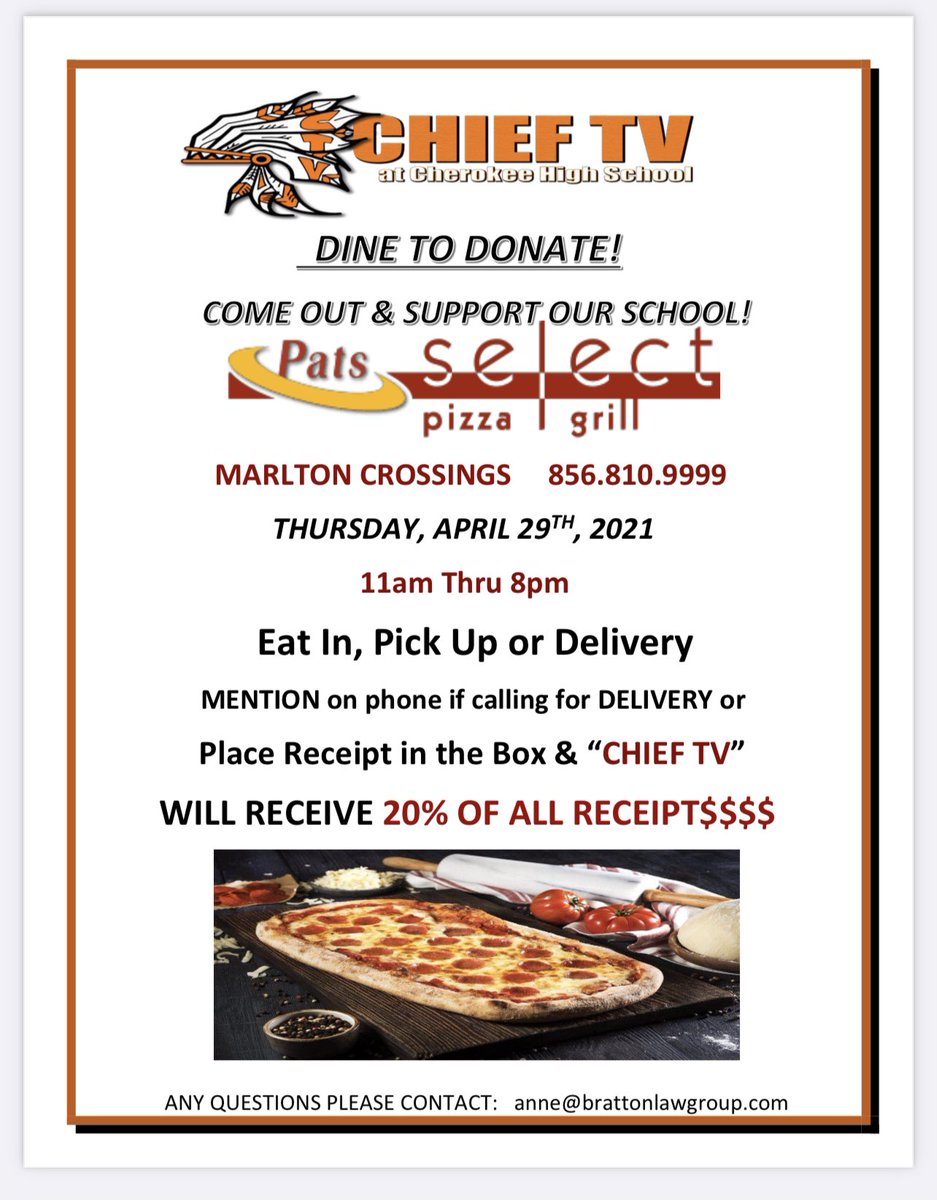 Support Chief TV by enjoying Pat’s Pizza today from 11am to 8pm.  Be sure to mention Chief TV.