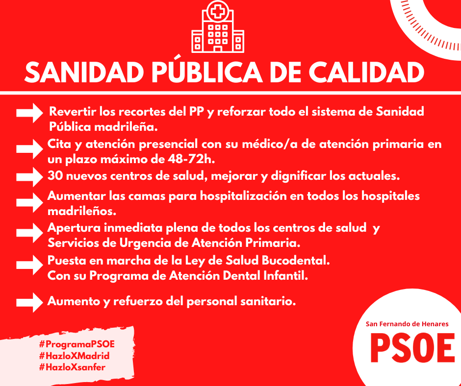 SFH_PSOE's tweet photo. EL PROGRAMA DEL #PSOE:
SANIDAD PÚBLICA DE CALIDAD:
▶️Revertir los recortes del PP y reforzar todo el sistema de Sanidad Pública madrileña.
▶️Cita y atención presencial con su médico/a de atención primaria en un plazo máximo de 48-72h.
▶️30 nuevos centros de salud.
#ProgramaPSOE https://t.co/3oto5pSTeh