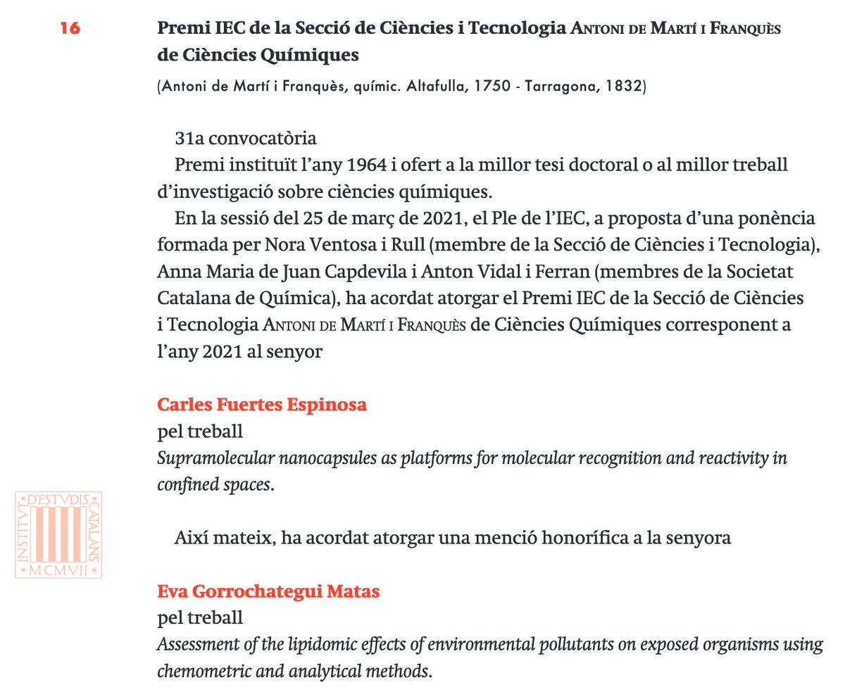 Societat Catalana de Química (@scq_iec) on Twitter photo L'enhorabona a en <a href="/FuertesCarles/">Carles Fuertes</a> (<a href="/univgirona/">Universitat de Girona</a> <a href="/IQCCUdG/">IQCC UdG</a>) pel Premi <a href="/iec/">IEC</a> de la Secció de Ciències i Tecnologia ANTONI DE MARTÍ I FRANQUÈS de Ciències #Química 2021, pel seu treball Supramolecular nanocapsules as platforms for molecular recognition and reactivity in confined spaces. L'enhorabona a en <a href="/FuertesCarles/">Carles Fuertes</a> (<a href="/univgirona/">Universitat de Girona</a> <a href="/IQCCUdG/">IQCC UdG</a>) pel Premi <a href="/iec/">IEC</a> de la Secció de Ciències i Tecnologia ANTONI DE MARTÍ I FRANQUÈS de Ciències #Química 2021, pel seu treball Supramolecular nanocapsules as platforms for molecular recognition and reactivity in confined spaces.