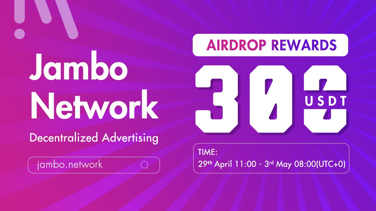 Jambo_Labs's tweet photo. ✨#JamboAirdrop

🥳Hello guys! 300 $USDT GIVEAWAY!🪂

🎯Join TG: https://t.co/y7AwQ51GXo
🎯Follow us @Jambo_Labs
🎯Like&amp;RT and attach content: "I am participating in the #Jambo #Airdrop" and mark “#Polkadot #Airdrops 
@Jambo_Labs"

🎰Form Link: https://t.co/y6Vcmkl0Pj https://t.co/j9nd742VTz
