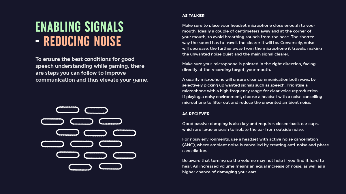 3. Enabling signals, reducing noise.As a speaker, you should:• Speak clearly • Have a good quality mic • Point your mic at your mouth As a listener:• Have a noise-canceling headset • Don’t talk over your teammates 