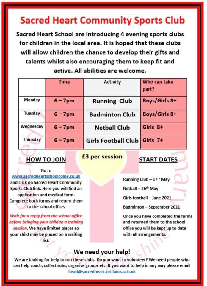 Sacred Heart RC Primary School (@sacredheartcoln) on Twitter photo ***SACRED HEART COMMUNITY SPORTS CLUB***
Open to all children in Colne and the local area. Please get in touch using the information below if your child would like to join any of our sports clubs. <a href="/pendlesgo/">fiona callaghan</a> <a href="/Sarahmidgley4/">Mrs Midgley</a> <a href="/LancsPE/">Lancashire Physical Education Adviser</a> <a href="/UpAndActiveUK/">Up & Active</a> <a href="/BBCLancsSport/">BBC Sport Lancashire</a> <a href="/TrawdenSchool/">Trawden Forest Primary School</a> ***SACRED HEART COMMUNITY SPORTS CLUB***
Open to all children in Colne and the local area. Please get in touch using the information below if your child would like to join any of our sports clubs. <a href="/pendlesgo/">fiona callaghan</a> <a href="/Sarahmidgley4/">Mrs Midgley</a> <a href="/LancsPE/">Lancashire Physical Education Adviser</a> <a href="/UpAndActiveUK/">Up & Active</a> <a href="/BBCLancsSport/">BBC Sport Lancashire</a> <a href="/TrawdenSchool/">Trawden Forest Primary School</a>