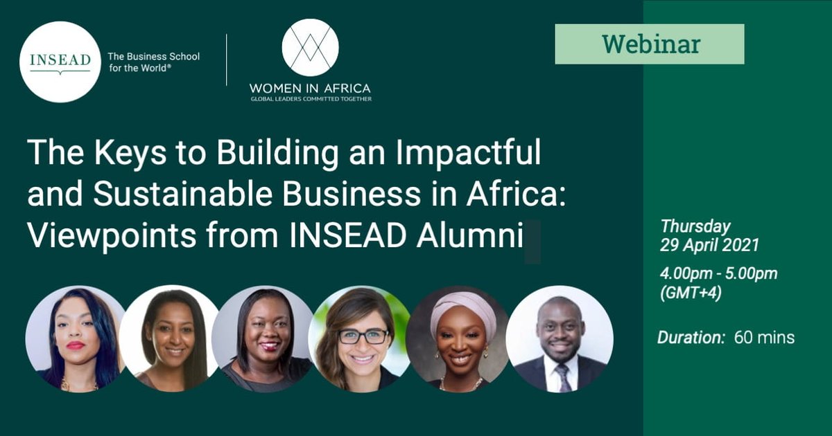 📢📢 In less than an hour, I'll join a panel of pan-African @INSEADAlumni to share views on the keys to building impactful & sustainable business in Africa.

Join here: inse.ad/29Apr21_WMN_In…
 
#INSEADMBA #INSEADEMBA #INSEADMIM #INSEADEMC #INSEADEMFin #INSEADWomen #WomenInAfrica