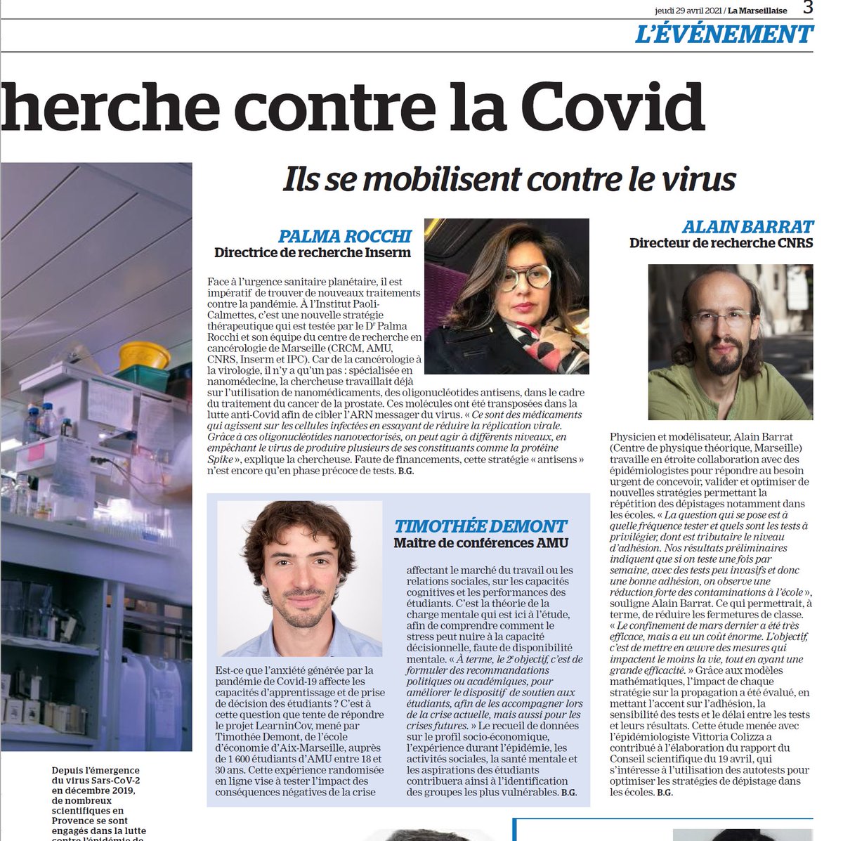 My research (joint with <a href="/evaraiber/">Eva Raiber</a> and <a href="/danielahsaenz/">Daniela Horta Sáenz</a> from <a href="/amseaixmars/">AMSE → 🦋 @amseaixmars.bsky.social</a>) on anxiety, cognitive capacity and economic preferences of students in #covid19 times in the news this morning, alongside other projects from researchers @univamu. Thanks <a href="/lamarsweb/">La Marseillaise</a>!