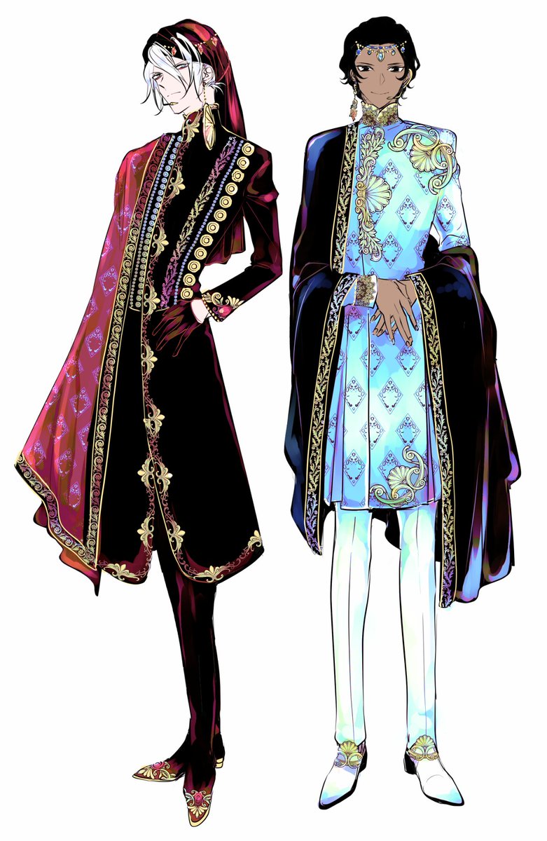 arjuna (fate) ,karna (fate) multiple boys 2boys male focus dark skin dark-skinned male white hair black hair  illustration images