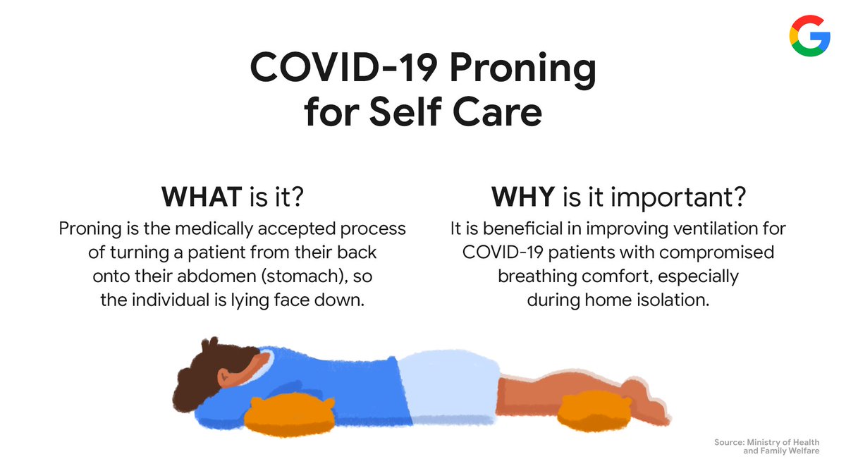 GoogleIndia's tweet photo. Here’s a guide on proning, if you’re caring for a person with COVID-19 at home 🏠

Timely proning and ventilation can help save lives- share this with those who might need to know. Visit @MoHFW_INDIA for more information. https://t.co/uPc44uz0cz