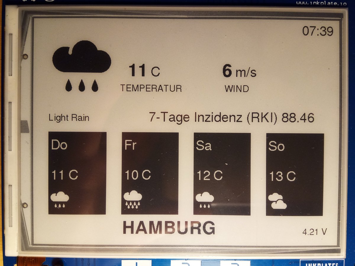 spaetz's tweet photo. My #inkplate weather station went with the times and shows the current #covid weather now. Incidence value as published by the RKI. #UserInnovation https://t.co/mdihLEbcgd