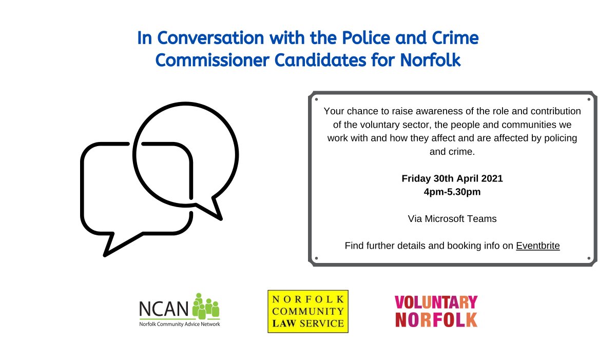 Do you support people affected by Scamming? Exploitation? Violence? Substance misuse? Homelessness? Tell the candidates for the Police and Crime Commissioner what the key issues are for the people you work with. Join our In Conversation event tomorrow.
eventbrite.co.uk/e/norfolk-pcc-…