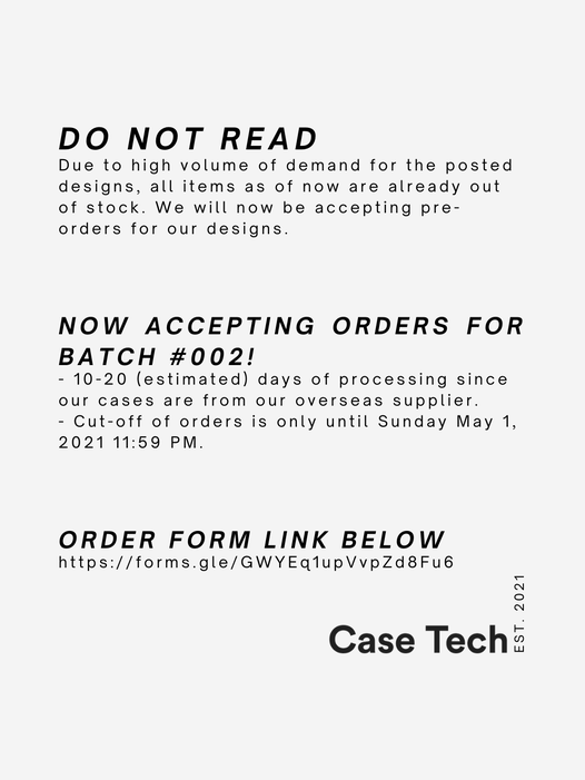 casetechshop's tweet image. Do Not Read

Now accepting orders for Batch #002!

ORDER FORM
forms.gle/2upYdfd8gfpNtx…

If you have any questions, please message us on Facebook or Instagram.

#iphonecaseph #iphonecasemnl #caseph #casemnl #casetifyph #caseiphoneph #caseiphonemnl