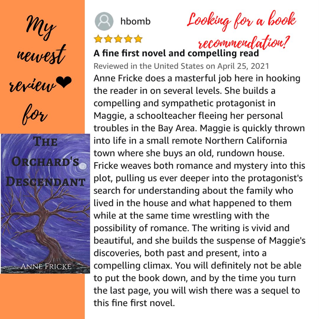 AnneFricke1's tweet photo. My newest review for ✨The Orchard’s Descendant✨Available on Amazon as paperback or ebook, on Audible as audio book read by author. #books #Amazon #BookRecommendation #BookReview #amreadingromance #mystery #reading #KindleUnlimited #amreading #audiobook https://t.co/l0Sxx2CCil
