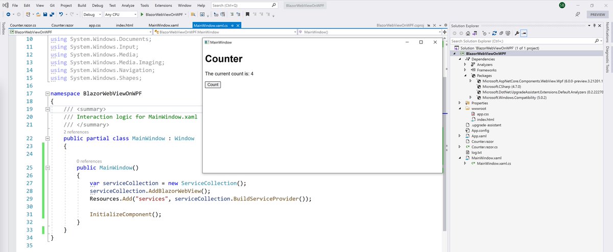 samidip's tweet image. We got #BlazorWebView working through WebView2 on a WPF app running on .NET 6 Preview 3.
#Blazor components rendering on WPF/WinForms. Huzzah!