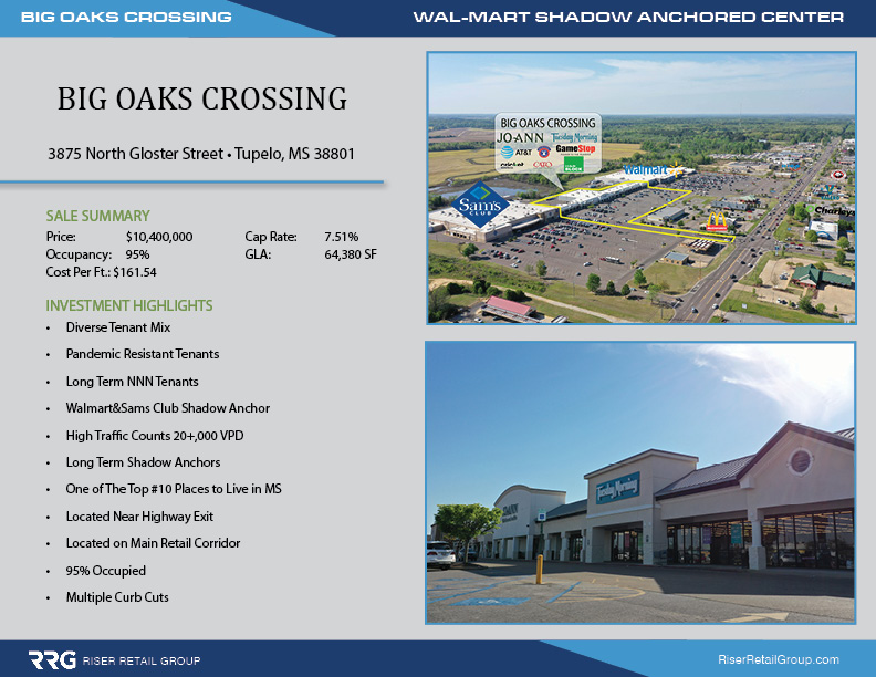 RiserRetail's tweet image. New RRG Listing | Big Oaks Crossing |Walmart &amp;amp; Sam's Club Shadow Anchored Center | Tupelo, MS 
#commercialrealestate #realestate #cre #realestateinvestor #investment #retail #investmentproperty #cashflow #marketing  #NNNNNN #NNN #Walmart #Shadowanchoredm