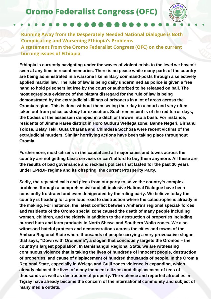 OromoFederalist's tweet photo. Running Away from the Desperately Needed National Dialogue is Both Complicating and Worsening Ethiopia’s Problems

A statement from the Oromo Federalist Congress (OFC) on the current burning issues of Ethiopia https://t.co/2ZtPHEiEqH
