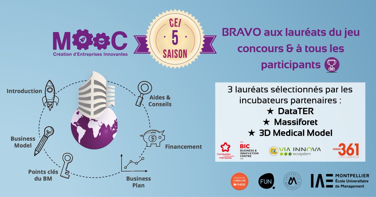 🥁 Résultats du jeu concours du MOOC saison 5 🥁
🏆 Félicitation aux projets DataTER, Massiforet et 3D Medical Model, les 3 lauréats sélectionnés par nos incubateurs partenaires : <a href="/viainnova/">Via Innova</a>, @BIC_Montpellier et @Ionis361_Mtp. Merci à tous pour votre participation et vos vidéos !